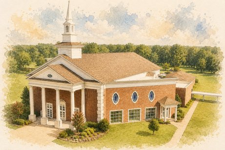 Watercolor illustration of a brick church with a white steeple