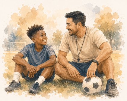 Watercolor illustration of a mentor and student sitting on the grass with a soccer ball
