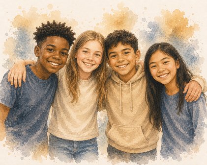Watercolor illustration of four smiling students with their arms around each other