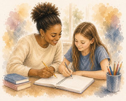 Watercolor illustration of a mentor helping a student with schoolwork at a desk